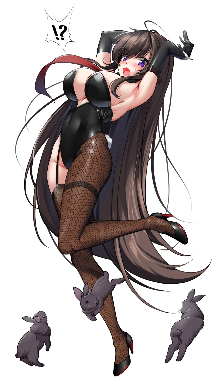 !? absurdres alternate_costume arm_behind_head armpits arms_up asymmetrical_legwear big_head black_footwear black_garter_straps black_gloves black_leotard black_rabbit_(animal) blush breasts brown_hair bunny_ears bunny_girl bunnysuit commentary_request counter:side covered_navel elbow_gloves elze_(s01047480836) fake_animal_ears fake_bunny_ears female floating_neckwear full_body garter_straps gloves groin hair_down high_heels highleg highleg_leotard highres honeycomb_(pattern) korean_commentary large_breasts leg_up leotard long_hair looking_at_viewer looking_to_the_side mina_(counter:side) necktie open_mouth pantyhose playboy_bunny purple_eyes rabbit_pose rabbit_tail red_necktie simple_background single_garter_strap single_leg_pantyhose single_thighhigh solo strapless strapless_leotard sweatdrop tail teeth thighhighs uneven_legwear upper_teeth_only very_long_hair white_background yoo_mina yoo_mina_(counter:side)