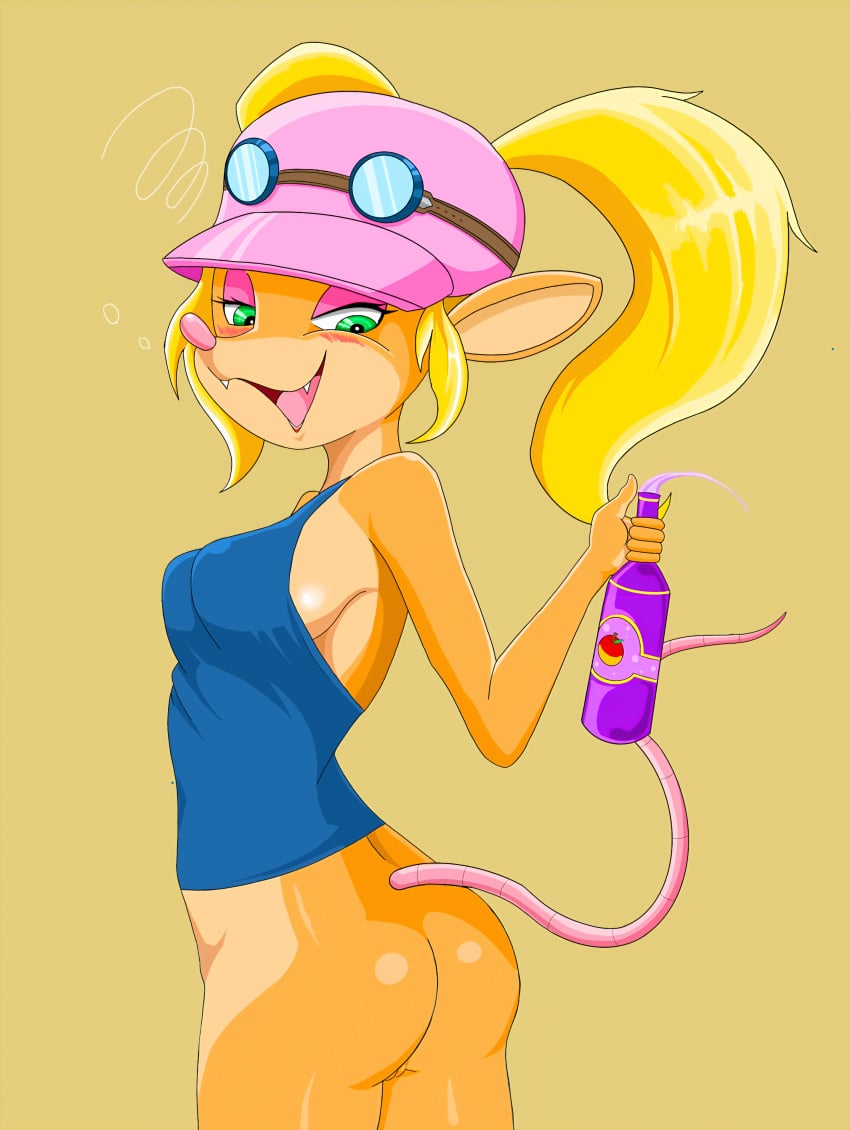 1girl 1girls 2021 2021s 2d 2d_(artwork) 2d_artwork activision anthro ass beverage blonde blonde_female blonde_hair blonde_hair_female bottle bottomless breasts bubble clothed clothing compact_body crash_(series) crash_bandicoot_(series) crash_team_racing_nitro-fueled drunk drunk_bubble eyeshadow eyewear fangs female female_focus female_only furry furry_female genitals goggles green_eyes hair hat headgear headwear hi_res long_hair long_tail makeup mammal marsupial pasadena_o'possum pink_eyeshadow pink_nose pussy shirt side_boob simple_background smile substance_intoxication tagme tail tank_top topwear twintails video_games zebra10045