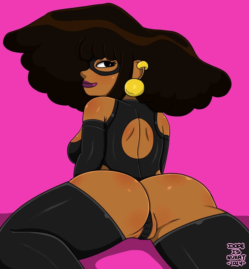 1girls african_american afro ass brown_hair brown_skin brown_skinned_female dominatrix dominatrix_outfit domino_mask dopeisnukat female gold_earrings nia_palmar_(dopeisnukat) original original_character pinup pinup_pose pussy