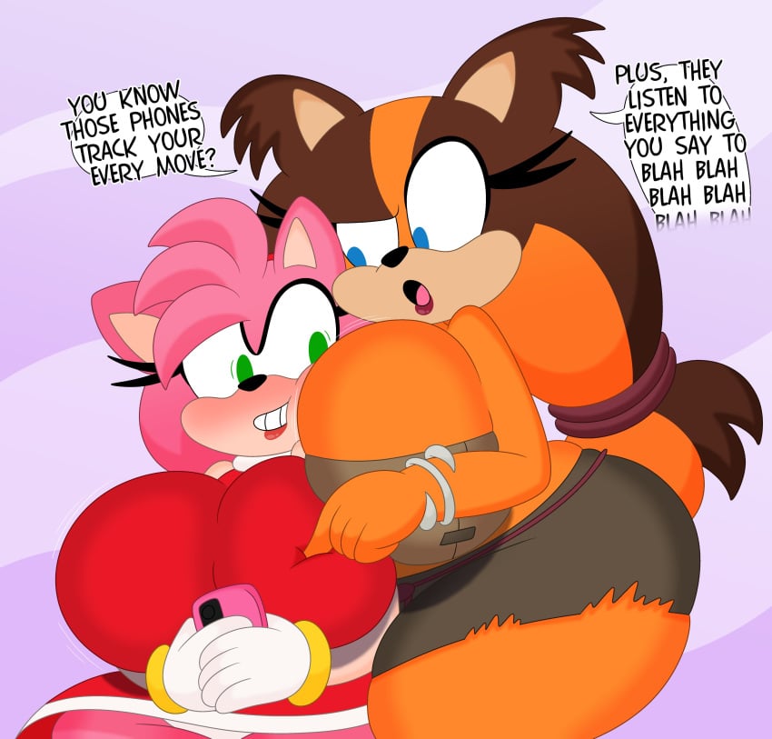 2girls 3barts amy_rose amy_rose_(boom) anthro badger big_breasts blush breasts breasts_bigger_than_head busty cleavage clothing drooling female female_only heavy_breathing hedgehog huge_breasts large_breasts looking_at_breasts sonic_(series) sonic_boom sonic_the_hedgehog_(series) sticks_the_badger sweat wide_hips