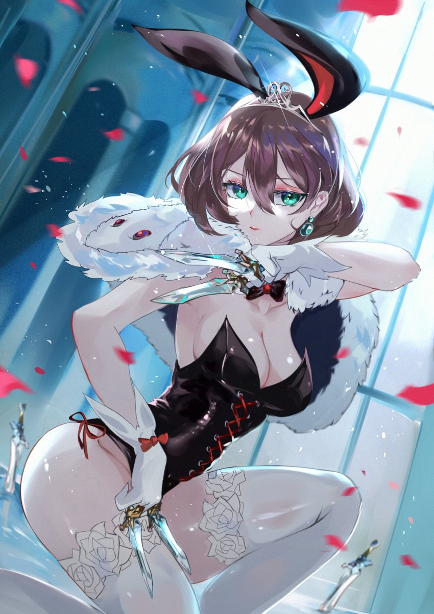 animal_ears aqua_eyes black_bow black_leotard bow breasts brown_hair capelet cleavage counter:side dagger earrings elizabeth_(counter:side) elizabeth_pendragon female fur_capelet gloves highres holding holding_dagger holding_knife holding_weapon jewelry knife leotard looking_at_viewer medium_breasts official_alternate_costume petals playboy_bunny rabbit_ears short_hair solo strapless strapless_leotard sword thighhighs tiara vardan weapon white_capelet white_gloves white_thighhighs window