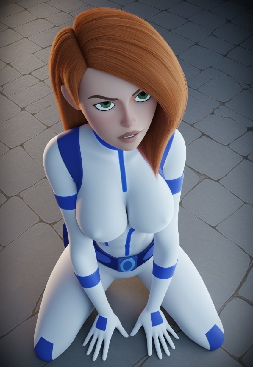 1girls 6_fingers ai_generated big_breasts bodysuit breasts civitai female female_focus female_only green_eyes jumpsuit kim_possible kimberly_ann_possible kneeling kneeling_on_ground large_breasts long_hair looking_at_viewer nipple_bulge orange_hair solo white_jumpsuit