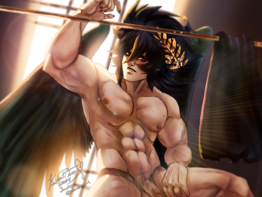 2d_(artwork) dark_pit flaccid_penis kaitopitoo kid_icarus kid_icarus_uprising looking_at_viewer muscular_male naked_male nintendo nipples pecs penis pinup solo_male