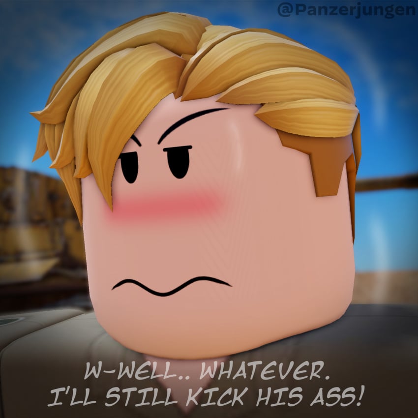 2024 3d blonde_hair blush clothed clothes comic_panel desert english_text erich_kraus femboy feminine_male fully_clothed gay girly girly_boy military military_uniform nervous panzerjungen pout roblox robloxian scared tagme tank thinking twink twitter_username yaoi