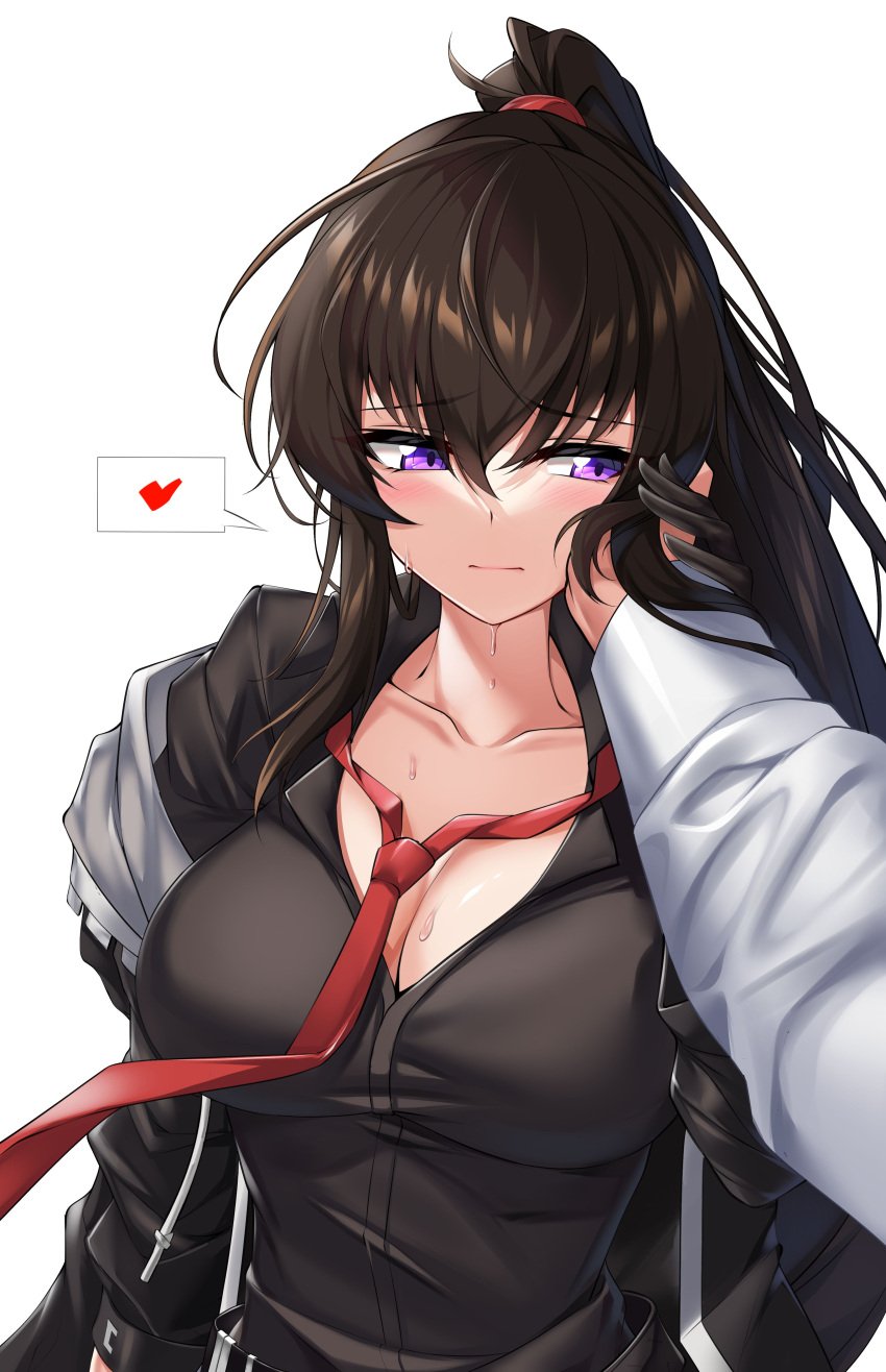 1other absurdres black_gloves black_jacket black_shirt blush breasts brown_hair cleavage closed_mouth collarbone collared_shirt commentary_request counter:side elze_(s01047480836) female furrowed_brow gloves grabbing_another's_hand hair_between_eyes hand_on_another's_cheek hand_on_another's_face heart high_ponytail highres jacket korean_commentary large_breasts long_hair long_sleeves looking_at_hand looking_to_the_side loose_necktie necktie off_shoulder pov pov_hands purple_eyes red_necktie shirt sidelocks sideways_glance simple_background solo_focus speech_bubble spoken_heart sweat upper_body white_background white_shirt yoo_mina