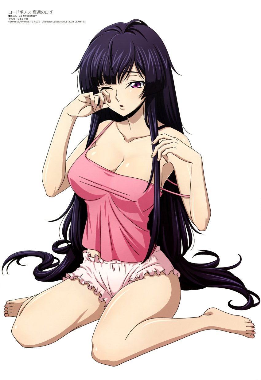 artist_request ass_visible_through_thighs bare_arms bare_legs bare_shoulders bare_thighs barefoot big_breasts blush body_blush breasts cleavage code_geass code_geass:_roze_of_the_recapture collarbone feet long_hair megami_magazine official_art one_eye_closed open_mouth pajamas pink_pajamas purple_eyes purple_hair spaghetti_strap strap_slip sumeragi_sakuya thighs toes