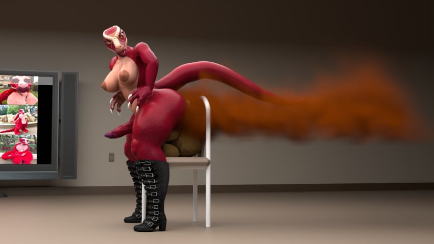 anthro ass big_butt dinosaur fart fart_fetish fart_sniffing farting_on_face female hi_res male male/female prehistoric_species reptile scalie sniffing suicune_queen_(artist) thick_thighs tyranny_(tyrannytrex) wide_hips