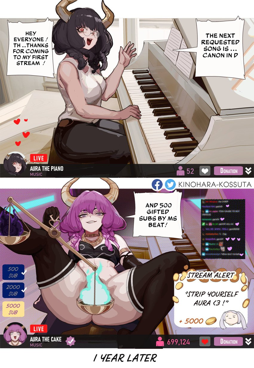 2girls 2koma =_= alternate_eye_color alternate_hair_color aura_(sousou_no_frieren) balance_scale before_and_after black_hair black_pants black_thighhighs blue_eyes bottomless braid chat_log comic covering_crotch covering_privates demon_girl demon_horns elbow_gloves english_text frieren glasses gloves grey_hair grin highres hitodama holding_scale horns instrument kinohara_kossuta livestream long_hair looking_at_viewer multiple_braids multiple_girls pan_piano pants piano piano_bench purple_hair red_eyes scales_of_obedience shirt sitting sleeveless sleeveless_shirt smile sousou_no_frieren speech_bubble spread_legs thighhighs twintails weighing_scale white_shirt