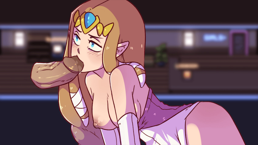 1girls ass blonde_hair blue_eyes blush breasts dress fellatio female female_focus game_cg long_hair male nipples oral parody penis princess_zelda_(cosplay) rpg_maker sadisticirony tagme total_nc:cameo_collector total_nc_(series)