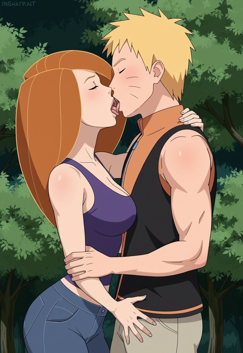 1boy ai_generated big_breasts blonde_hair blue_eyes boruto:_naruto_next_generations civitai closed_eyes crossover female french_kiss green_eyes kim_possible kimberly_ann_possible kissing kissing large_breasts long_hair naruto naruto_(series) orange_hair short_hair tank_top tanktop tongue_kiss uzumaki_naruto