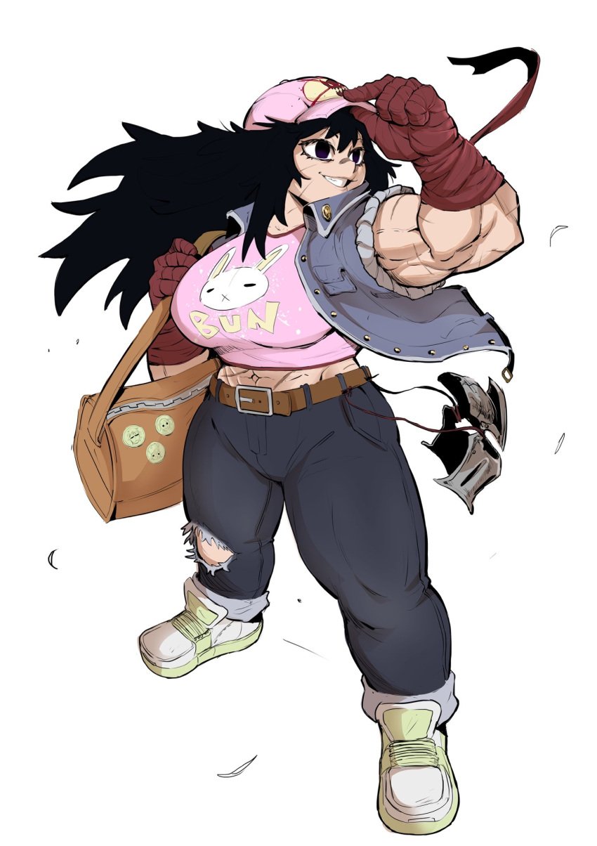 1girls bag bandaged_hand big_breasts black_eyes black_hair cap clothing female female_only full_body hi_res kobeboy long_hair muscles muscular muscular_female ramia-yana ramia_(ramia-yana) scars scars_all_over solo thick_thighs white_background