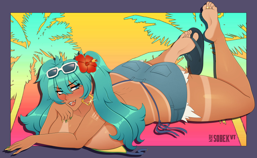 1girls background barefoot bikini bikini_bottom bikini_top blue_eyes blue_hair blush brazil brazilian brazilian_female brazilian_miku female flip_flops flower flower_in_hair gradient_background green_nails hatsune_miku highres hoop_earrings jean_shorts large_ass large_breasts large_thighs long_hair looking_at_viewer lying lying_on_stomach nail_polish on_stomach painted_nails sandals short_shorts shorts sobekvt soles solo sunglasses sunglasses_on_head sunset tanline tanlines teal_eyes teal_hair the_pose thick_ass thick_thighs twintails untied_bikini vocaloid watermark yellow_nails