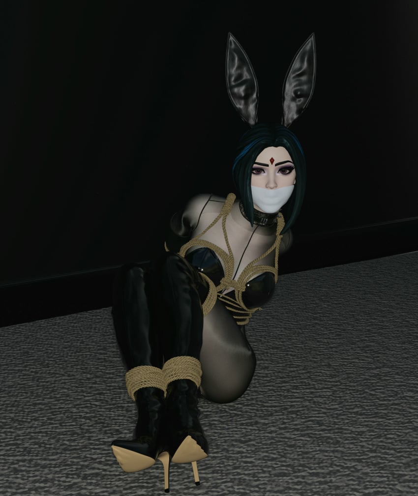 3d 3d_(artwork) abducted arms_behind_back ass ass basement bicolored_hair black_hair bondage bondage_gear boots bunny_costume bunny_ears bunny_girl bunnysuit captive captured captured_heroine dc dc_comics defeated defeated_heroine demon_girl eyelashes female female_focus female_only femsub forced fortnite fortnite:_battle_royale goth goth_girl helpless high_heel_boots jewel_on_forehead kidnapped lingerie long_boots looking_at_captor looking_at_viewer makeup microfoam microfoam_tape purple_eyes purple_hair rachel_roth raven_(dc) raven_(fortnite)_(dc) regaliarender restrained rope rope_between_breasts rope_bondage rope_harness short_hair slave slavegirl stockings teen_titans thighs