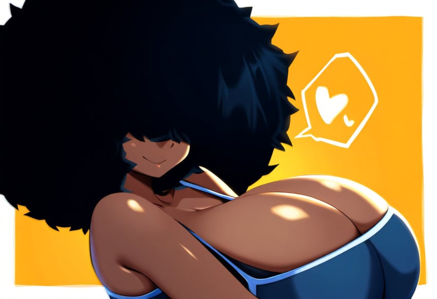 afro ai_generated big_hair brinne dark-skinned_female dark_skin ebony female heart huge_breasts mullon novelai original_character smile solo top-heavy