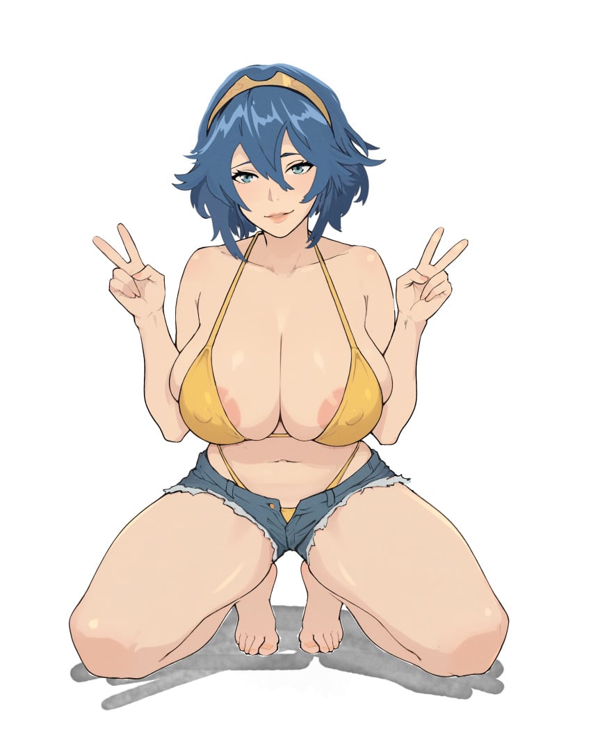 areola_slip blue_eyes blue_hair crown daisy_dukes double_peace_sign fire_emblem fire_emblem_awakening large_breasts lucina_(fire_emblem) nipple_bulge peace_sign piutahayo short_hair swimsuit thick_thighs