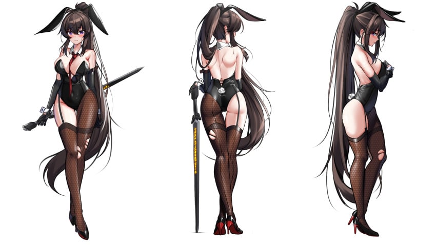 absurdres alternate_costume animal_ears armpit_crease ass asymmetrical_legwear back backless_leotard bare_shoulders between_breasts black_footwear black_garter_straps black_gloves black_leotard black_sleeves blush breasts brown_hair bunny_ears bunny_girl bunnysuit commentary_request counter:side covered_navel criss-cross_back-straps crossed_legs detached_collar detached_sleeves elze_(s01047480836) fake_animal_ears fake_bunny_ears female from_behind from_side full_body garter_straps gloves hair_between_eyes hair_over_shoulder hand_on_hilt hand_on_own_chest high_heels highleg highleg_leotard highres holding holding_sword holding_weapon honeycomb_(pattern) korean_commentary large_breasts leotard long_hair mina_(counter:side) multiple_views necktie necktie_between_breasts pantyhose planted planted_sword planted_weapon playboy_bunny purple_eyes rabbit_tail red_footwear red_necktie runes shoulder_blades simple_background single_leg_pantyhose single_thighhigh standing strapless strapless_leotard sweatdrop sword tail thighhighs torn_clothes torn_pantyhose uneven_legwear very_long_hair weapon white_background yoo_mina yoo_mina_(counter:side)