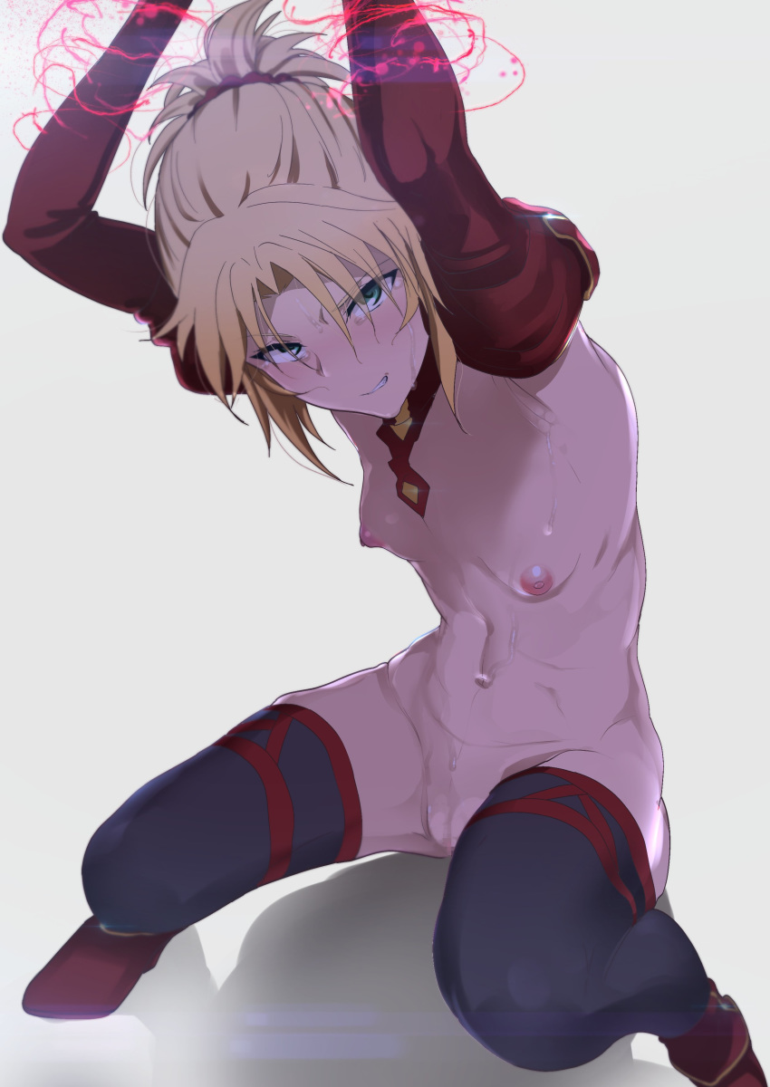 absurdres armpits arms_above_head bangs black_legwear blonde_hair blush bondage bound bound_arms breasts censored clenched_teeth commentary_request fate/apocrypha fate_(series) female femsub green_eyes highres juliet_sleeves long_sleeves looking_at_viewer looking_up magic mordred_(fate) mosaic_censoring navel partially_undressed ponytail puffy_nipples puffy_sleeves pussy q_(ed69) scrunchie shadow sidelocks simple_background small_breasts solo spread_legs squatting sweat teeth waist