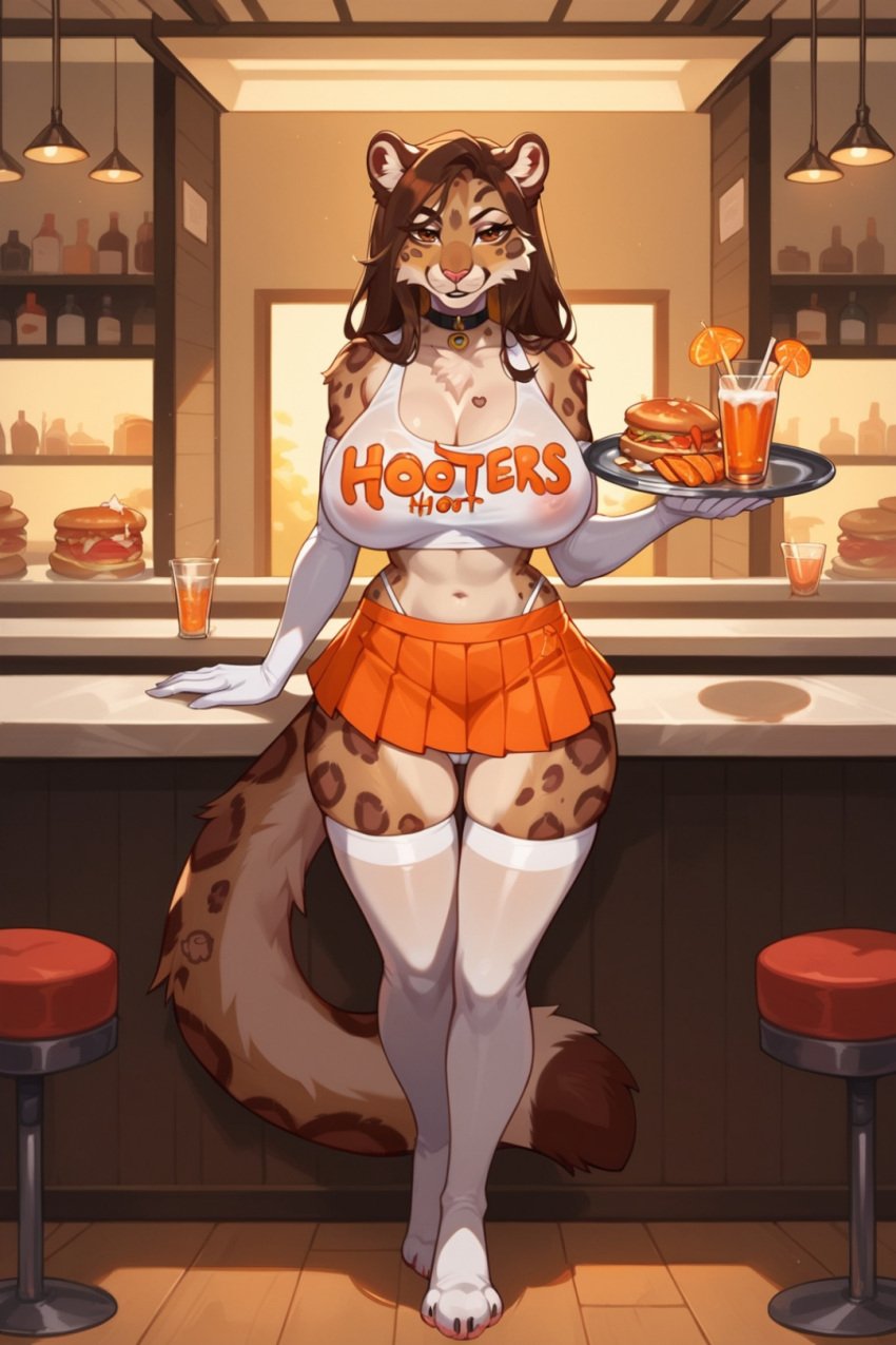 ai_generated among_us big_breasts brown_body brown_eyes brown_fur brown_hair drink elizabeth_mendoza employee_uniform felid feline female food furry furry_female heart_symbol hooters hooters_uniform leopard long_hair long_socks seductive short_skirt snow_leopard tail