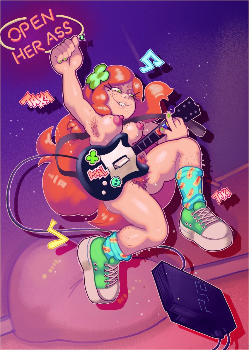 breasts casual converse dogma dogmalord electronics female footwear footwear_only four_leaf_clover game_console game_controller green_eyes guitar guitar_hero human musical_instrument pale_skin playstation playstation_2 pubic_hair red_hair tagme vivian_james