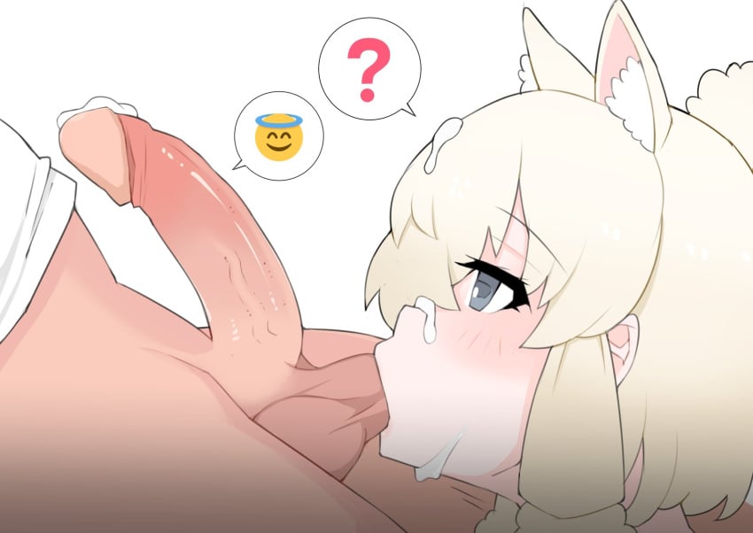 1boy ? alpaca_ears alpaca_girl alpaca_suri_(kemono_friends) animal_ear_fluff animal_ears blonde_hair blush commentary_request cum erection facial female grey_eyes hair_between_eyes highres horizontal_pupils kemono_friends long_bangs looking_at_another ollie_(ollie_stratos) open_mouth oral penis short_hair simple_background solo_focus spoken_emoji spoken_question_mark straight testicle_sucking uncensored white_background