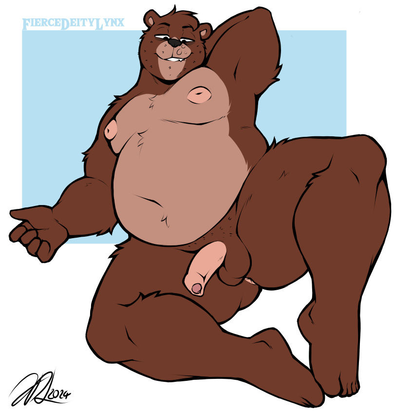 2024 absurd_res anthro anus balls bear bedroom_eyes belly brown_body brown_fur erection fiercedeitylynx foreskin fur genitals hi_res humanoid_genitalia humanoid_penis male male_only mammal marlon_(fiercedeitylynx) moobs narrowed_eyes navel nipples nude overweight overweight_male penis seductive solo stubble unretracted_foreskin