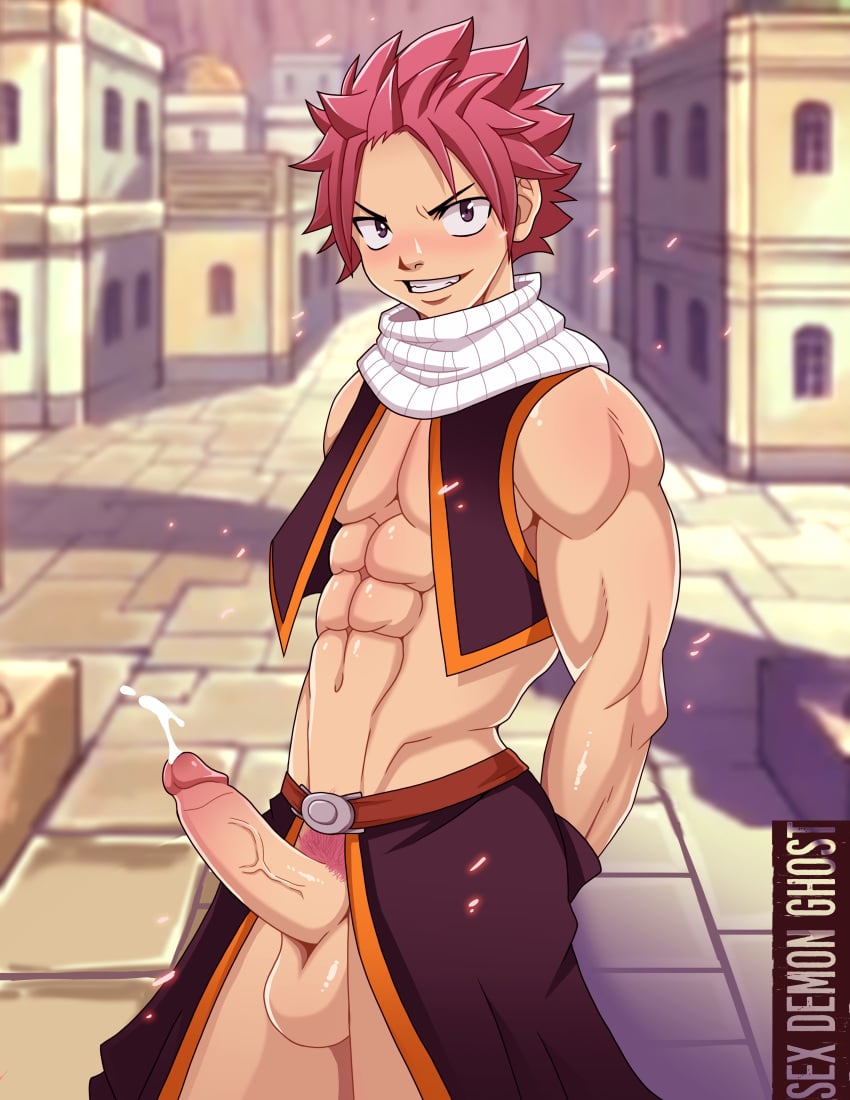 1boy abs erection fairy_tail male_focus male_only muscle natsu_dragneel outdoors penis pink_hair presenting presenting_penis public_exposure public_nudity sex_demon_ghost solo solo_focus