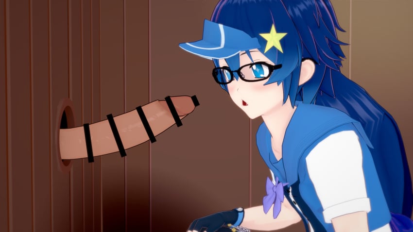 2boys blue_eyes blue_hair blush censored censored_penis clothed clothing femboy gay glasses glory_hole hair_ornament koikatsu long_hair lunime magical_luni open_mouth penis ponytail solo_focus visor yaoi