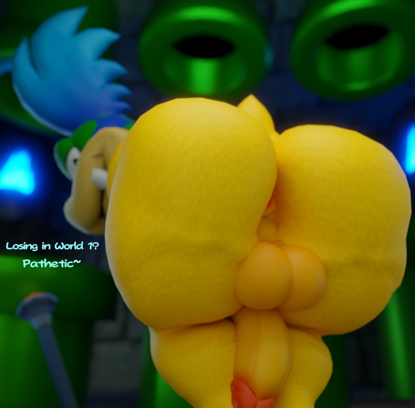 3d anus ass balls blender_(artwork) blue_fire blue_hair colored_fire digital_media_(artwork) doommusk english_text fire genitals hair hi_res koopa koopaling larry_koopa male mario_(series) mario_bros nintendo penis pipe presenting presenting_hindquarters scalie solo solo_male taunting text wand warp_pipe yellow_body yellow_skin