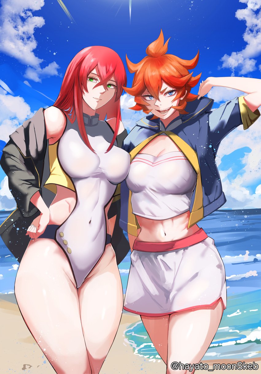 2girls absurdres beach black_clover blue_eyes breasts green_eyes hayato_moonskeb highres large_breasts long_hair mereoleona_vermillion multiple_girls orange_hair princia_funnybunny red_hair short_hair smile swimsuit