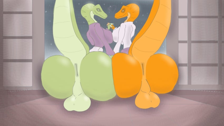 anthro anus ass ass_to_ass balls balls_on_floor balls_on_ground big_balls big_breasts big_butt breasts c1a3 deinonychus dinosaur dromaeosaurid duo genitals green_body green_scales gynomorph hand_holding intersex intersex/intersex looking_at_viewer markings multicolored_body night orange_body orange_scales prehistoric_species raised_tail reptile scales scalie simple_background sitting slim small_waist smile smiling_at_viewer tail theropod thick_thighs two_tone_body velociraptor wide_hips