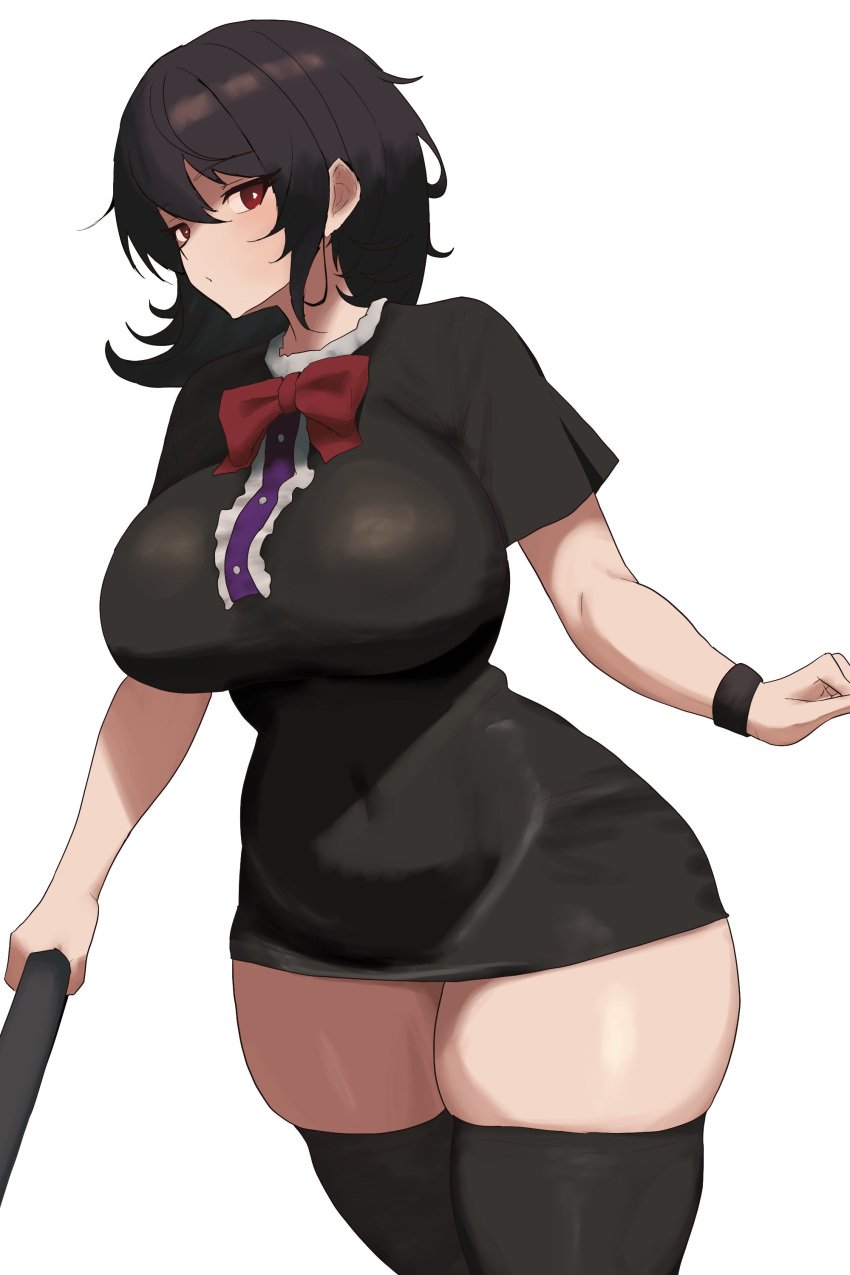 absurdres black_dress black_hair black_thighhighs bow breasts covered_navel cowboy_shot dress female highres houjuu_nue large_breasts medium_hair moriforest1040 nue_houjuu red_bow red_eyes short_dress short_sleeves solo thick_thighs thighhighs thighs touhou white_background