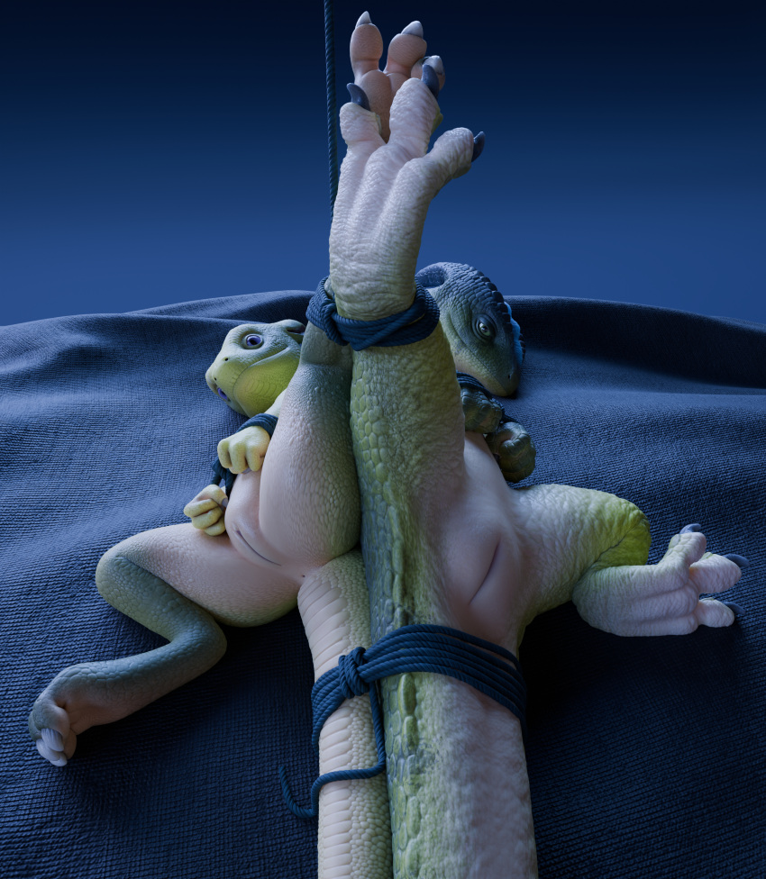 16:9 2024 3d_(artwork) absurd_res animal_genitalia anthro blender_(artwork) bondage bound bound_together claws cloaca digital_media_(artwork) duo dzat female female/female feral furry genitals green_body hi_res keie kobold legs_tied lisko lizard looking_at_viewer lying male male/female on_back pussy raised_leg reptile restraints rope rope_bondage scales scalie simple_background smile spread_legs spreading tail tail_tied toe_claws viuru widescreen wrists_tied