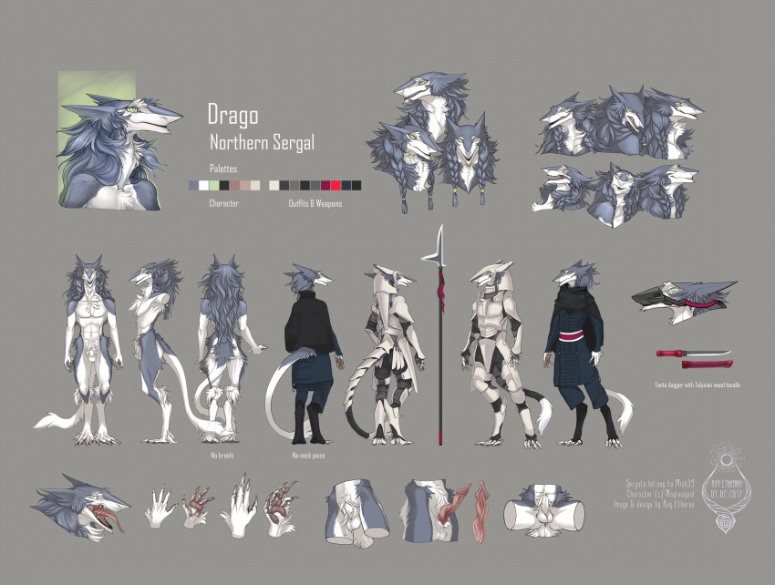 animal_genitalia armor balls blue_fur braided_hair clothed clothing dagger digitigrade fully_clothed fur hair male melee_weapon nude open_mouth pawpads penis polearm raesheris sergal sheath solo tongue tongue_out weapon