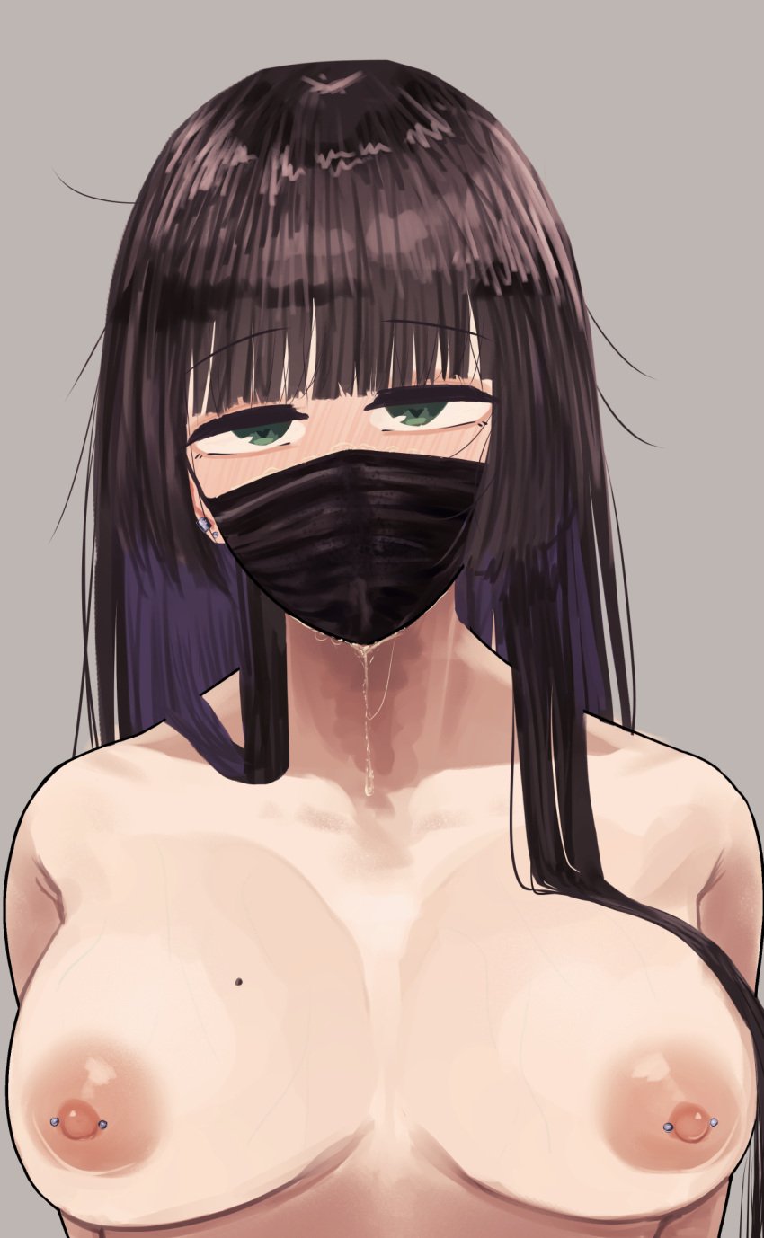 black_hair blunt_bangs blush bocchi_the_rock! breasts commentary_request cum cum_on_body cum_on_mask cum_string ear_piercing facial female grey_background hair_over_breasts heart heart_in_eye highres hime_cut large_breasts long_hair mole mole_on_breast nipple_piercing nude pa-san piercing ra_n_xxx rolling_eyes solo symbol_in_eye textless_version upper_body