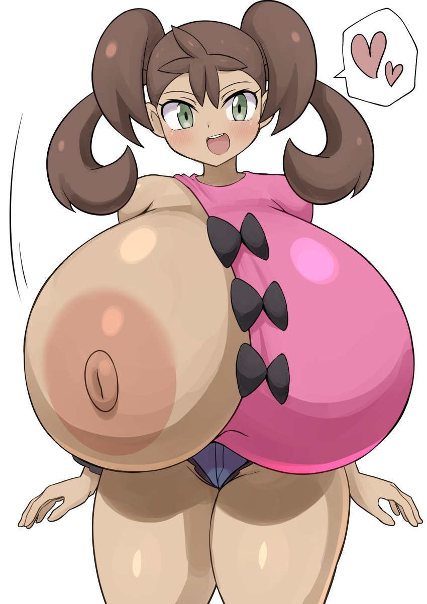 1girls :d absurd_res blush breasts brown_hair clothed cowboy_shot creatures_(company) dark-skinned_female dark_skin denim denim_shorts game_freak gigantic_breasts green_eyes heart hi_res jaga334 looking_at_viewer nintendo nipples one_boot_on one_breast_out open_mouth pokemon pokemon_xy quad_tails shauna_(pokemon) short_shorts shorts simple_background smile solo spoken_heart standing thighs white_background