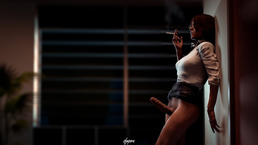 1futa 3d brown_hair futa_only futanari glasses helena_harper intersex resident_evil resident_evil_6 sfmporn_(artist) smoking solo solo_futa