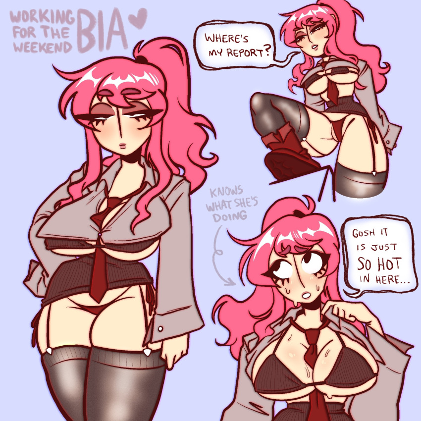 1girls arrabbiatahoe bia_(arrabbiatahoe) big_breasts breasts cleavage english_text huge_breasts necktie nervous pink_hair ponytail speech_bubble sweat thick_thighs thighhighs thighs