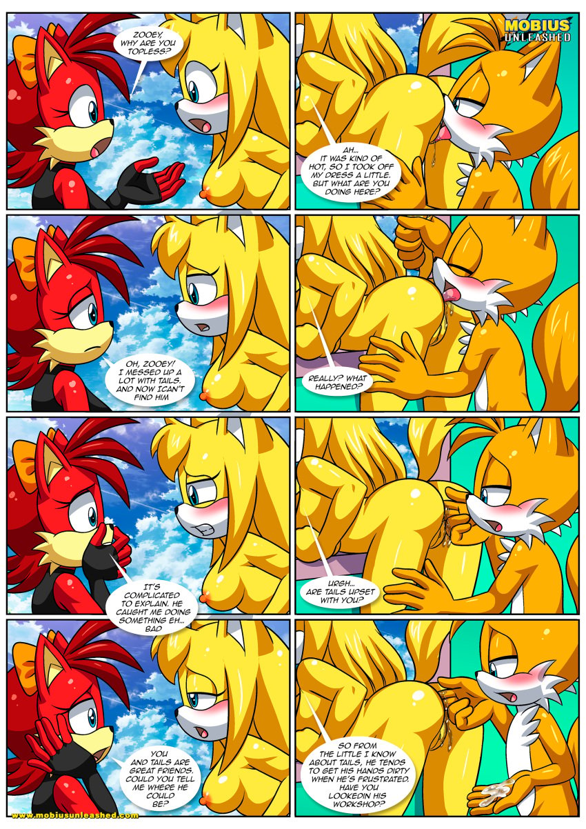 1boy 2girls anal_fingering anilingus anthro ass bbmbbf blush breasts comic cunnilingus eating_ass female fingering fiona_fox let_me_love_you_(comic) male male/female mobian_(species) mobius_unleashed nipples oral oral_sex palcomix pussy rimming sega sex sonic_(series) sonic_boom sonic_the_hedgehog_(series) tails tails_the_fox zooey_the_fox