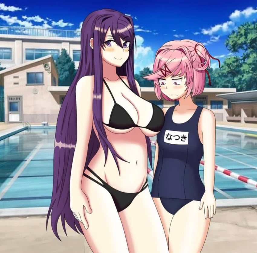 2girls artist_request bikini breast_envy comparing_breasts doki_doki_literature_club jealous looking_at_breasts looking_at_viewer natsuki_(doki_doki_literature_club) one_piece_swimsuit pink_hair pool poolside purple_hair size_comparison size_difference swimsuit swimwear yuri_(doki_doki_literature_club)