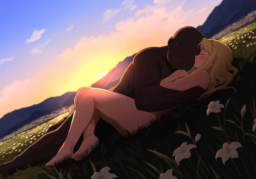 1boy 1girls abasta after_sex after_vaginal ai_generated ass barefoot blonde_hair blue_eyes closed_eyes dark dark-skinned_male dark_skin feet female fullmetal_alchemist interracial intimate kissing light-skinned_female looking_pleasured moaning netorare on_ground outdoor_sex outdoors romantic sleeping smug sun sunrise winry_rockbell