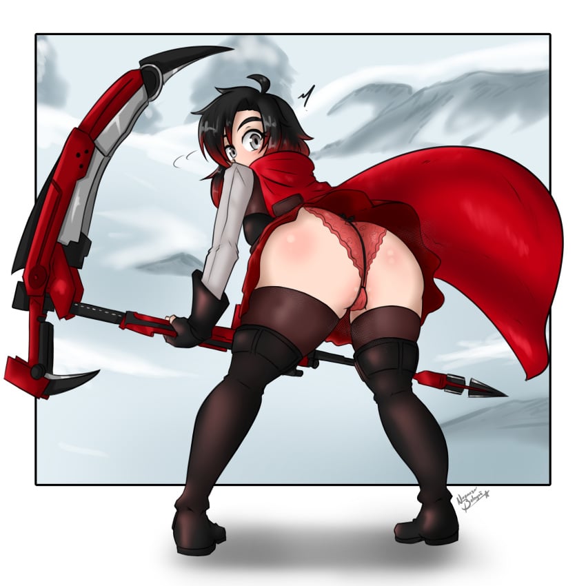 1girls big_ass black_hair crescent_rose looking_back_at_viewer mostly_clothed nayaase_beleguii panties pantyshot ruby_rose rwby scythe snow weapon