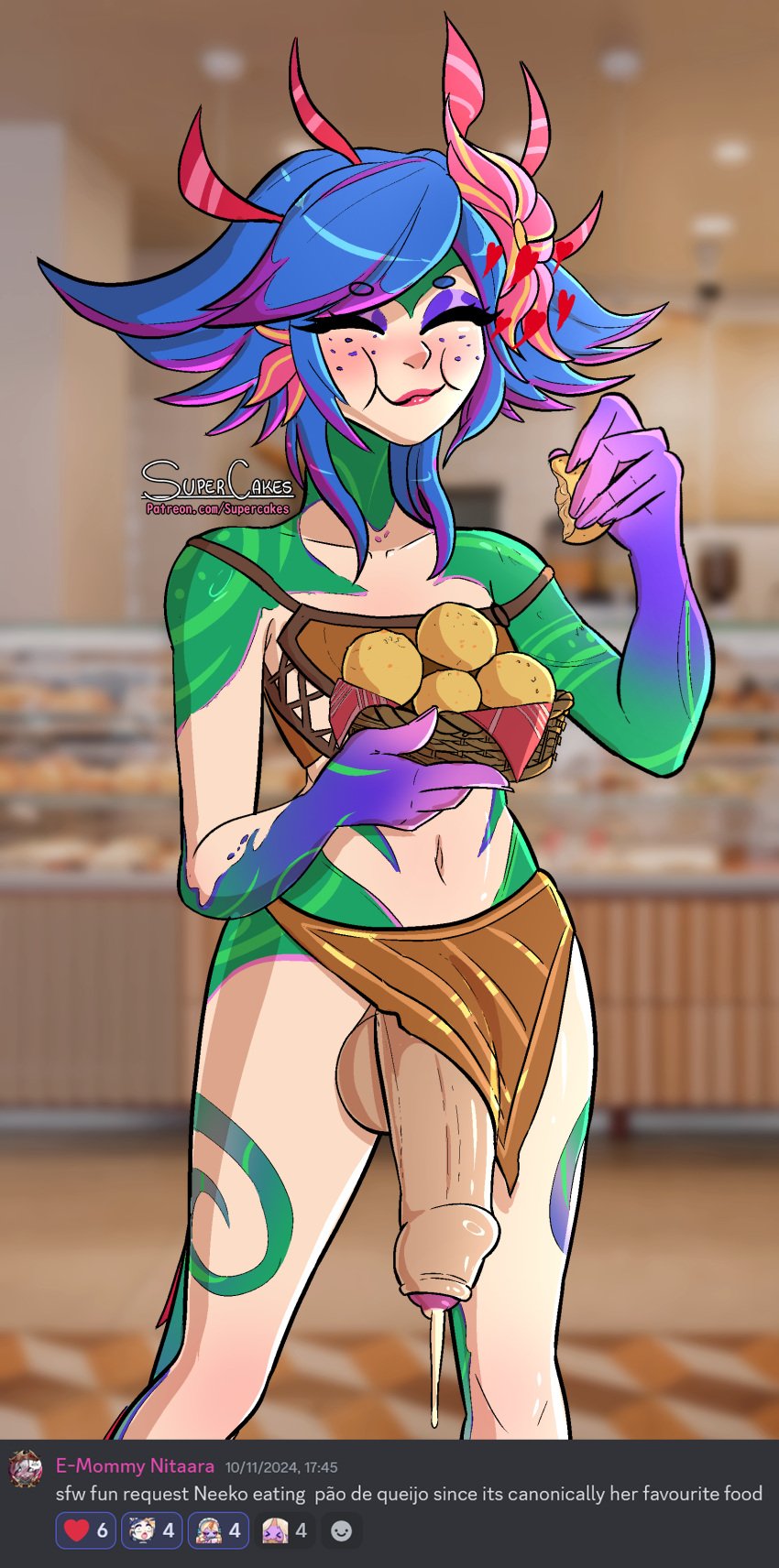 1futa anthro cheese_bread clothing cum eating ejaculation futanari huge_cock intersex league_of_legends lizard lizard_girl neeko pao_de_queijo penis reptile request riot_games semen solo supercakes tencent thighs