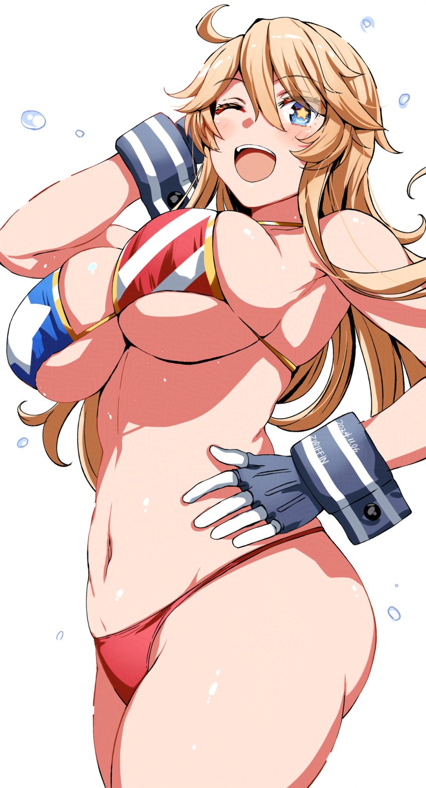 1girls american_flag american_flag_bikini american_flag_print armpits belko bikini blonde_hair blue_eyes blush breasts dated flag_print gloves highres iowa_(kantai_collection) kantai_collection large_breasts long_hair looking_at_viewer one_eye_closed open_mouth print_bikini simple_background solo star-shaped_pupils swimsuit white_background