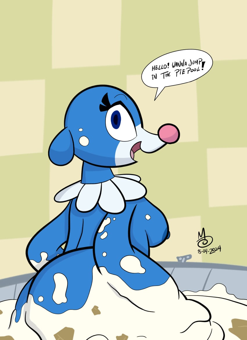 absurd_res anthro ass big_butt breasts clown_nose dialogue female food food_fetish food_play generation_7_pokemon hi_res inflatable looking_at_viewer messy nintendo nude pastry pie pokemon pokemon_(species) popplio sebaku side_boob side_view slightly_chubby smile smiling_at_viewer solo