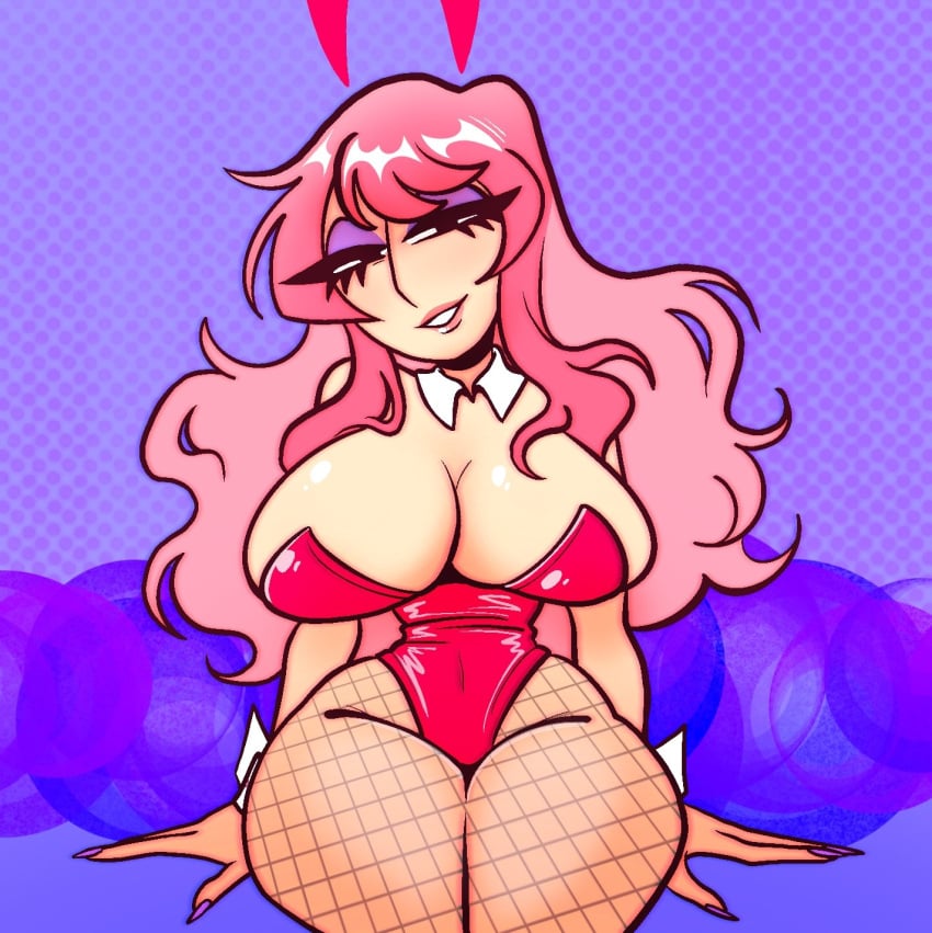 1girls arrabbiatahoe bia_(arrabbiatahoe) big_breasts breasts bunny_ears bunnysuit cleavage curly_hair huge_breasts pink_hair thick_thighs thighs