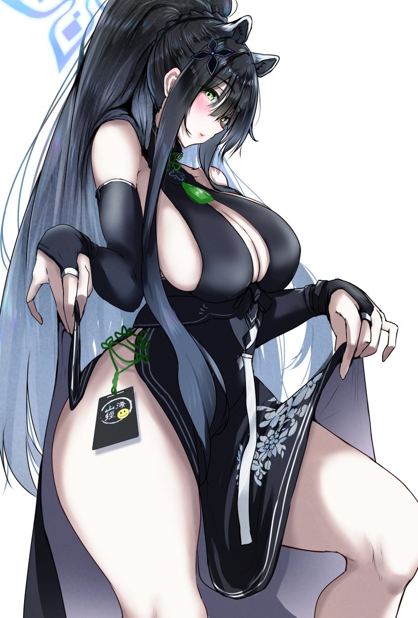 absurdres animal_ears bare_shoulders black_dress black_gloves black_hair blue_archive blush breasts bridal_gauntlets china_dress chinese_clothes cleavage dress elbow_gloves female gloves green_eyes hair_ornament halo highres kobazakura_mikoto large_breasts long_hair looking_at_viewer name_tag shun_(blue_archive) solo thick_thighs thighs tiger_ears tiger_girl