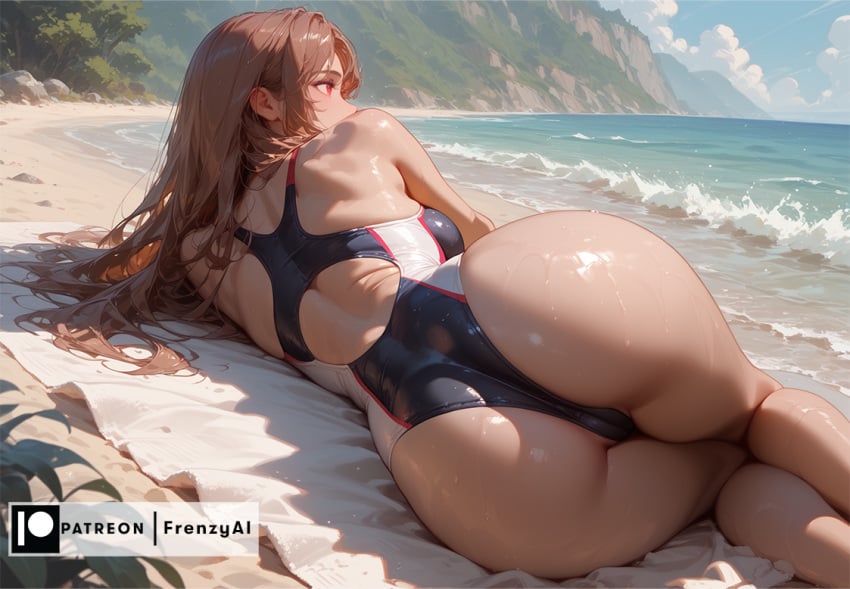 ai_generated ass bangs bare_shoulders barefoot beach black_one-piece_swimsuit breasts brown_hair cameltoe competition_swimsuit day female frenzyai from_behind goddess_of_victory:_nikke large_breasts long_hair lying ocean on_side one-piece_swimsuit outdoors patreon_username rapi_(classic_vacation)_(nikke) rapi_(nikke) red_eyes sand shiny shiny_skin sky solo swimsuit tan thighs water wet