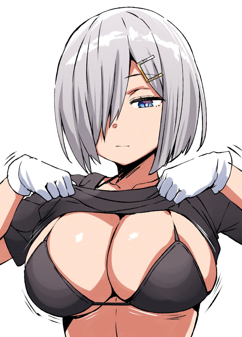 1girls belko big_breasts bikini bikini_top black_bikini black_bikini_top black_shirt blue_eyes breasts cleavage dated female female_only gloved_hands gloves hair hair_over_one_eye hairclip hamakaze_(kantai_collection) hi_res kantai_collection light-skinned_female light_skin motion_lines shirt shirt_lift short_hair solo twitter_username white_background white_gloves white_hair