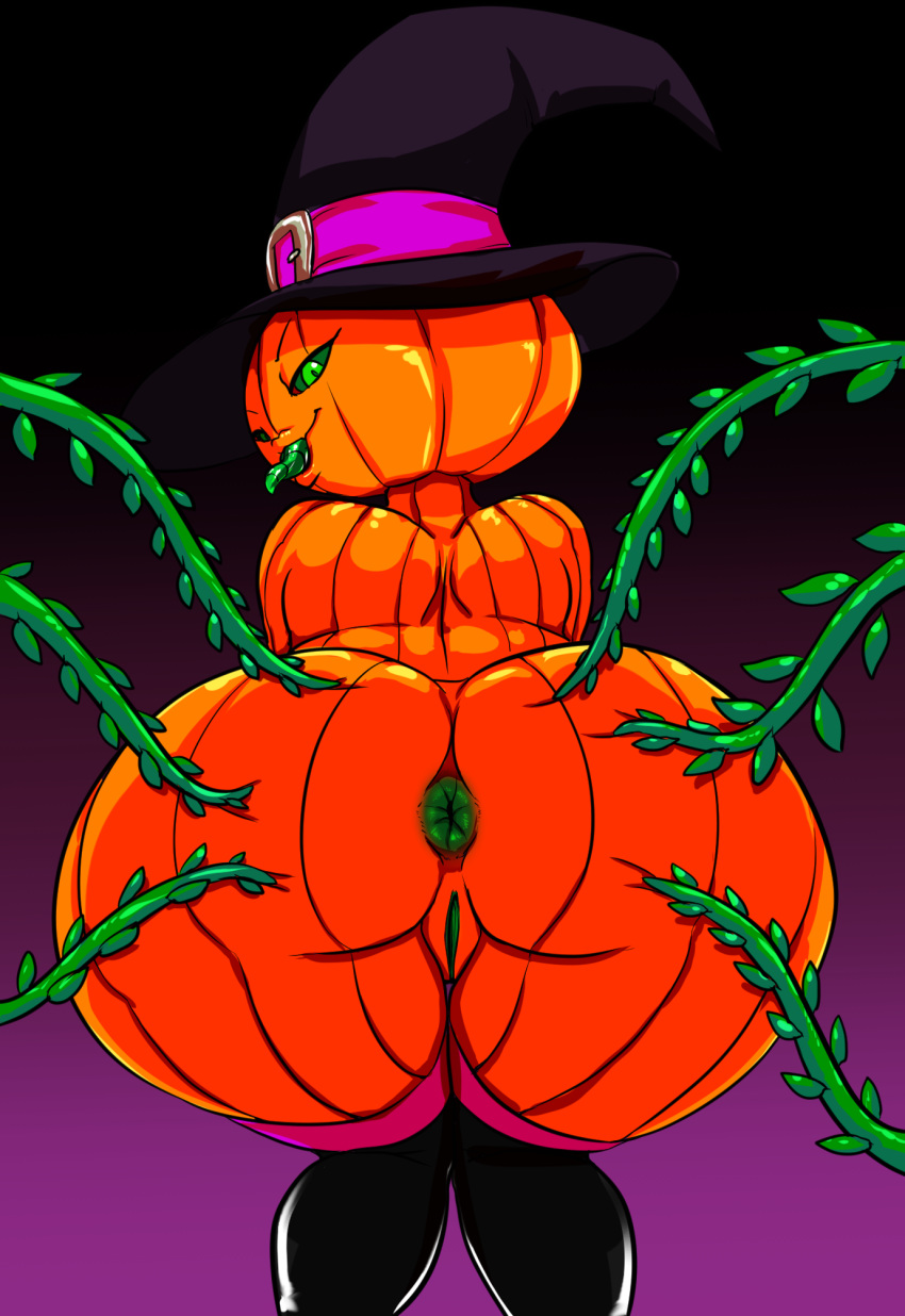 2016 anus ass big_butt female flora_fauna food fruit halloween hat hi_res holidays huge_butt humanoid lady_pumpkin looking_at_viewer looking_back nude plant plant_humanoid presenting presenting_hindquarters pumpkin pumpkin_girl pumpkin_head pussy smile solo thecon witch_hat