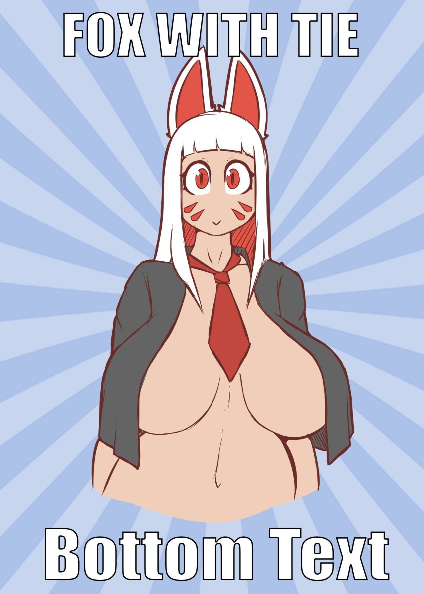 1girls animal_ears big_breasts body_markings breasts breasts_apart closed_mouth closed_smile digital_drawing_(artwork) digital_media_(artwork) female female_focus female_only flat_colors fox_ears fox_girl half-dressed half_naked hi_res hips huge_breasts line_art long_hair markings meme navel open_eyes open_shirt original original_character quin-nsfw red_eyes shirt solo solo_female solo_focus tagme tie waist white_hair yuki_(quin-nsfw)